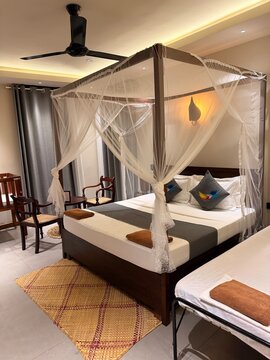 Chambre d'h&ocirc;tel tropicale avec lit &agrave; baldaquin et moustiquaire