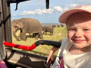 Petite fille observant des éléphants depuis un véhicule de safari © Mathieu