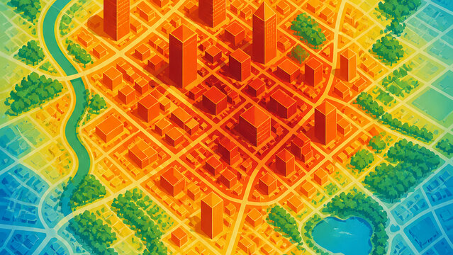 Colorful isometric cityscape with a glowing red and orange urban center, green parks, winding river, and cool blue outer neighborhoods.