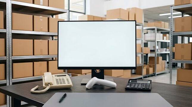 Computer screen mockup on a warehouse office desk with a barcode scanner and phone