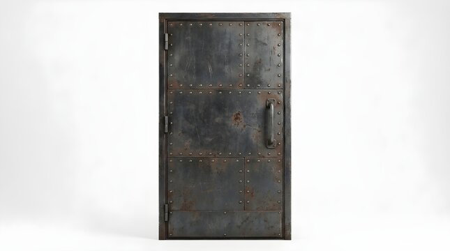 Industrial vintage metal door with rivets. Grungy iron vault entrance on white background. Rustic armored steel hatch for bunker or safe.