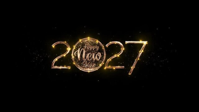 Minimal metallic 2027 typography shines with star highlights and glitter particles on a dark background. Perfect for New Year announcements, corporate wishes, elegant event and seasonal title reveals.