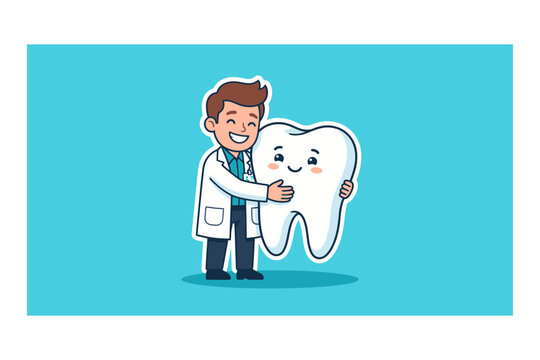 Friendly male dentist character hugging a happy tooth illustration on a blue background b1 74