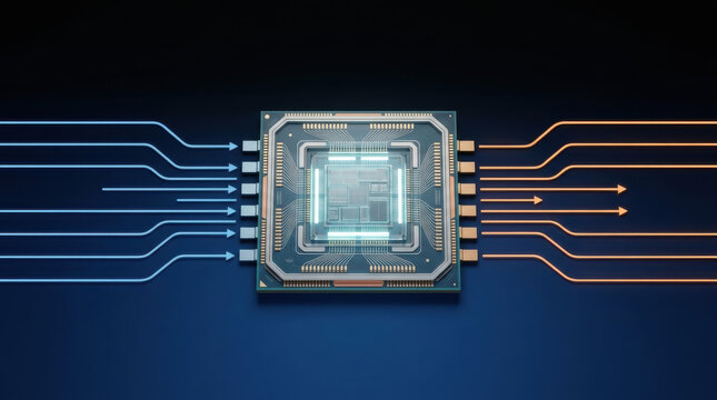 Microchip transforming input data into output results illustrated with directional arrows