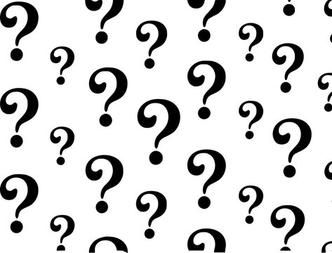 A seamless pattern of black question marks on a clean white background representing mystery and uncertainty