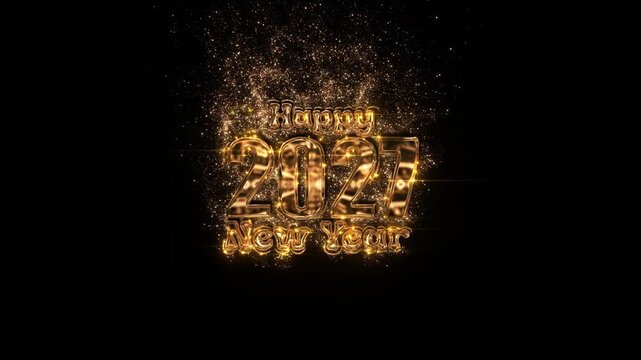 Metallic golden 2027 numbers glow beneath Happy New Year text as sparkling dust rises into darkness. Perfect for elegant holiday openers, gala invitations, celebration screens and premium advertising.