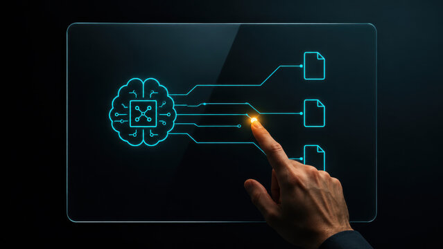 Hand touching a transparent screen showing an AI brain circuit linked to document icons
