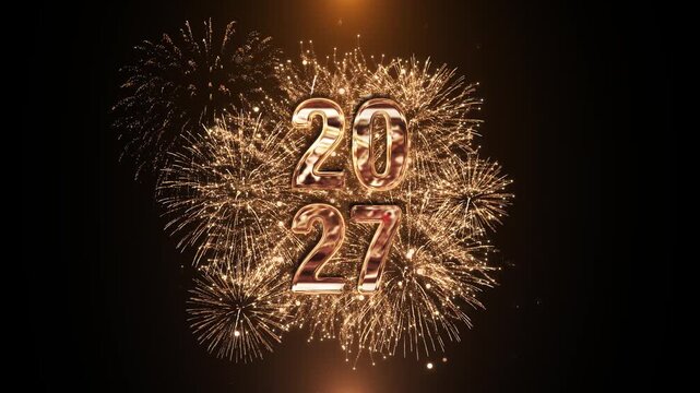 Stacked metallic 2027 numerals glow through a dramatic circular fireworks display. Perfect for holiday announcements, gala events, midnight countdowns, corporate wishes and elegant celebration titles.