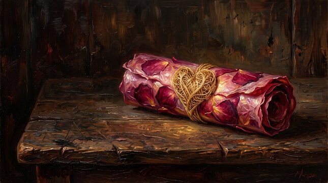 Decorative rose scroll wrapped in golden ribbon on wooden table  