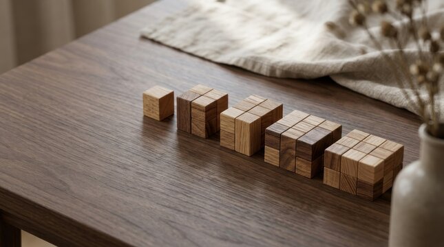 Wooden Sequence Puzzle Cubes on Table Surface