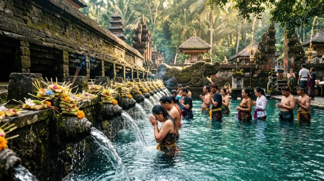 People praying in sacred water temple Bali