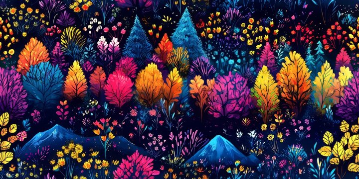 This is a stylized fantasy forest artwork set against deep dark blue background. It is dotted with trees in vivid neon hues of orange, red, yellow and purple, alongside scattered glowing small flowers