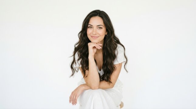 Young woman with hand on chin smiling on white background