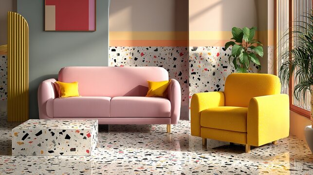Modern living room interior with pink sofa and terrazzo flooring