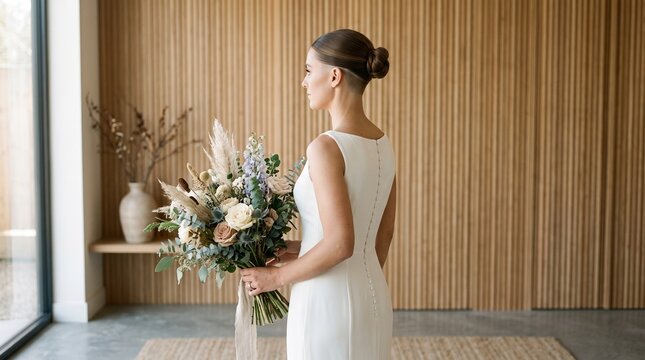 Modern bride with undercut hairstyle holding floral bouquet against wooden wall.