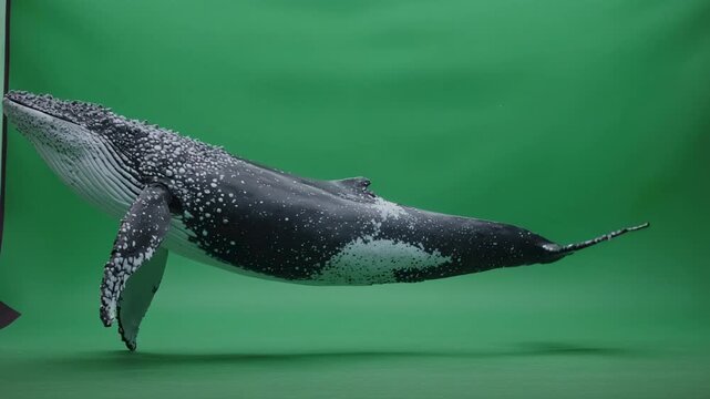 Humpback whale gracefully breaching and swimming during a studio shoot with green screen backdrop