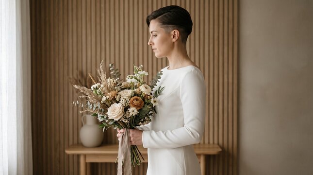 Elegant bride with short haircut holding bouquet in minimalist interior.