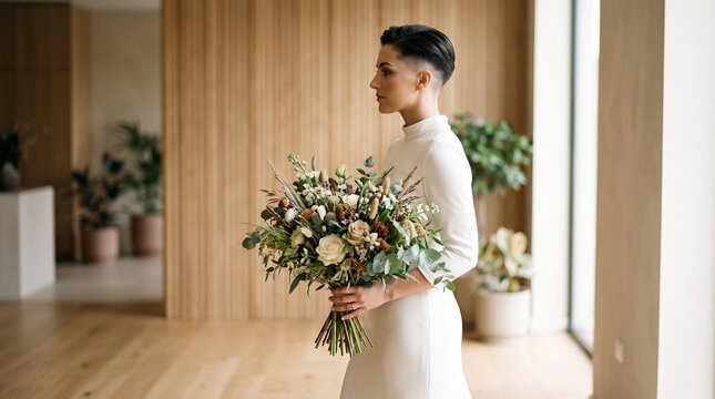 Non-traditional bride holding rustic bouquet in modern minimalist interior.
