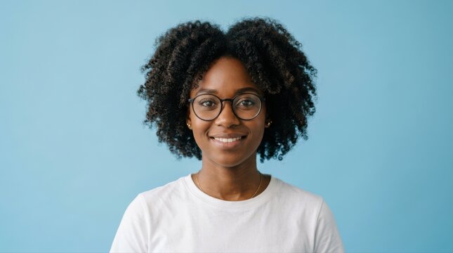 Young African American woman smiling wearing glasses on blue background
