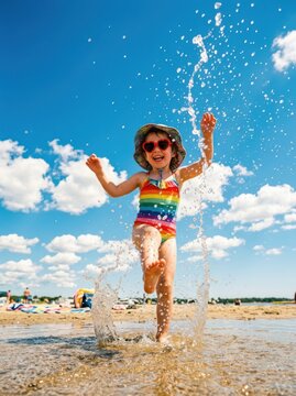 Joyful girl splashes water on sunny beach