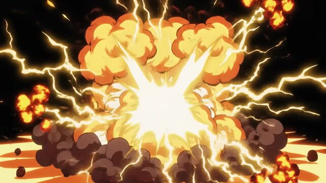 Explosion unfolds with fiery bursts and expanding shockwaves in animated sequence video blast detonation