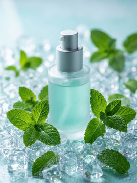 Refreshing mint serum bottle surrounded by ice and mint leaves