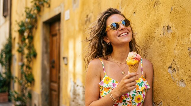 Woman Enjoying Ice Cream in Italian Village