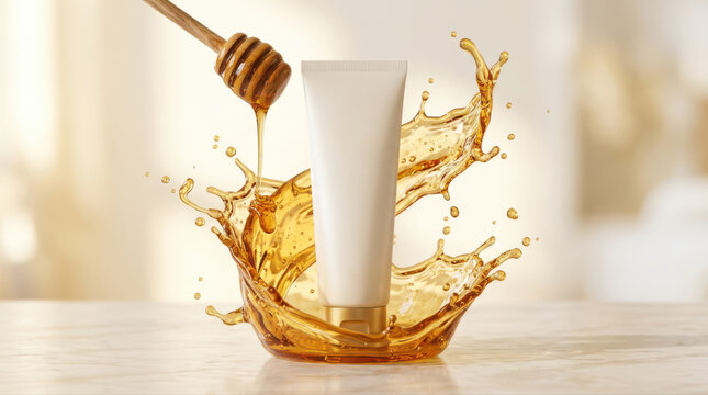 Honey essence face cream product shot with honey splash