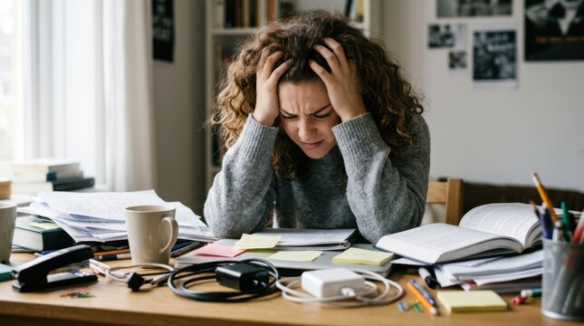 Stressed student overwhelmed with homework and studies