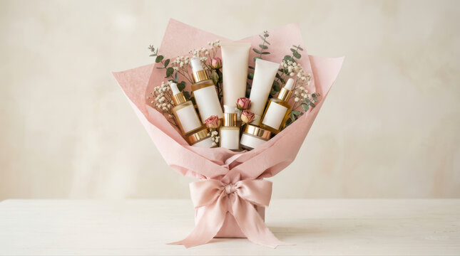 Skincare products in a floral bouquet gift