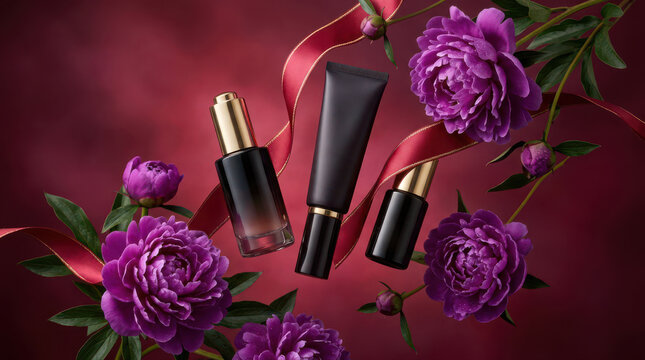 Luxury Beauty Products With Purple Flowers And Ribbon