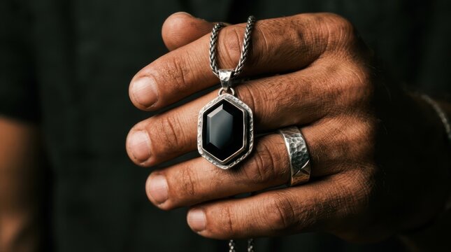 Man holding black gemstone pendant and silver ring