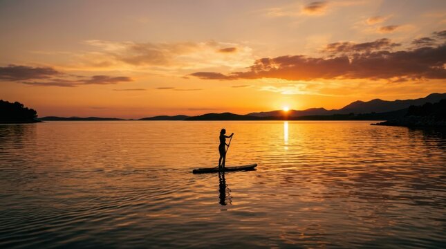 Woman paddleboarding at sunset on calm water
