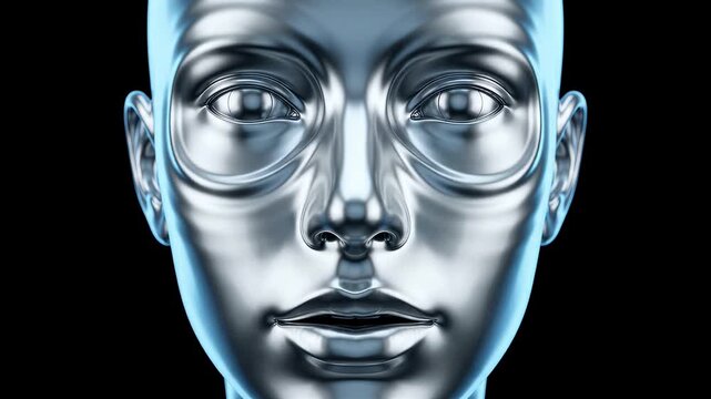 android woman robot face silver futuristic technology cyborg humanoid portrait A centered metallic gaze moves closer with calm symmetry for robotics identity biometrics and digital future campaigns