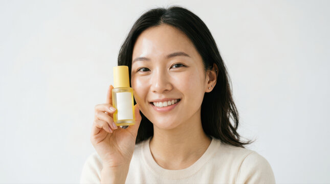 Young Asian woman holding vitamin C serum bottle smiling