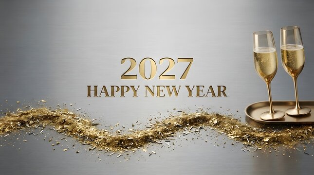 Happy new year 2027 greeting card with two glasses of sparkling champagne on a decorative tray