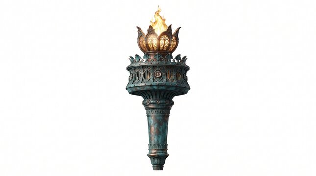 Vintage Oxidized Copper Torch Sculpture with Glowing Flame Isolated on White Background for Historical Concepts
