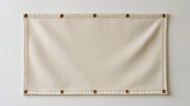 A single unfinished sailmaker canvas panel hangs on a sterile white background, hand-stitched reinforcement lines and brass grommet placements visible in precise detail, the