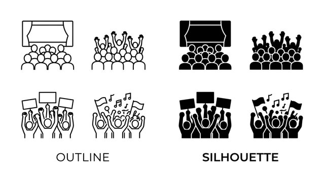 Audience and Crowd Icons: A set of graphic icons illustrating audiences and crowds in both outline and silhouette styles, depicting people attending events or participating in gatherings.