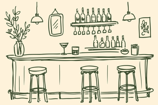 Bar Interior Hand Drawn Illustration
