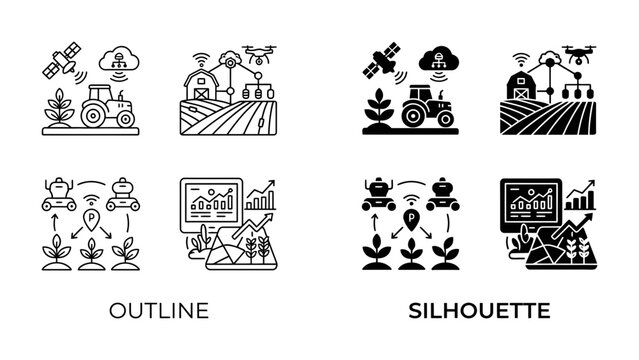Smart Farming Technology Icons: A collection of outline and silhouette icons representing modern agricultural technology, including tractors, drones, satellites, and cloud computing.