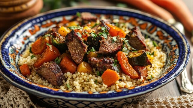 Hearty roasted lamb chunks served over fluffy couscous with caramelized vegetables in decorative bowl with zucchini served atop steaming mound fluffy semolina couscous