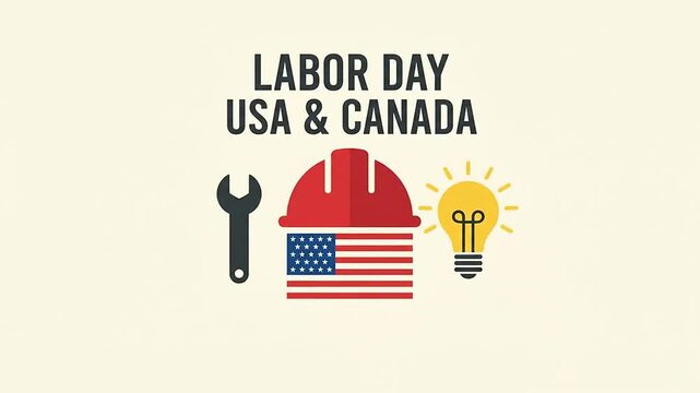 Labor Day celebration flat design animation with wrench hardhat and bulb