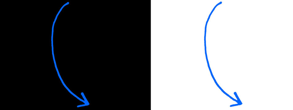 Blue hand-drawn curved downward arrow on black and white background, isolated graphic element