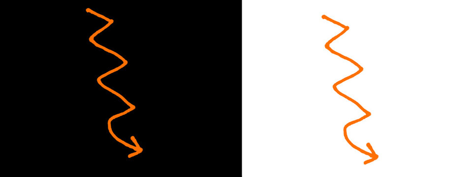 Orange hand-drawn vertical zigzag downward arrow on black and white background, isolated graphic element