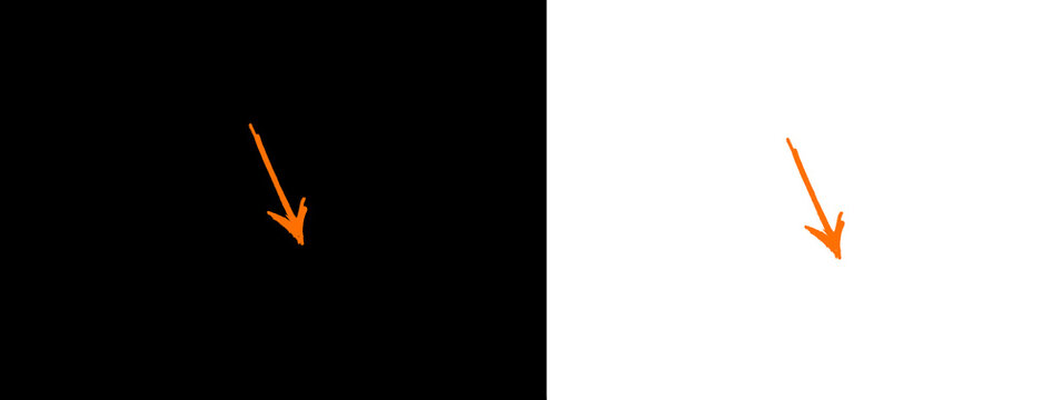 Orange hand-drawn simple downward arrow on black and white background, isolated graphic element