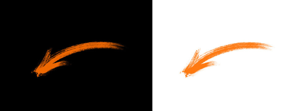 Orange thick hand-drawn brush stroke downward arrow on black and white background, isolated graphic element