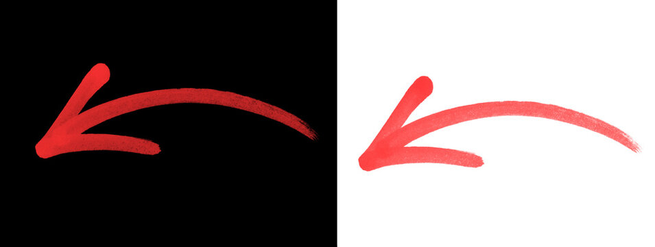 Red thick hand-drawn curved left pointing arrow on black and white background, isolated graphic element