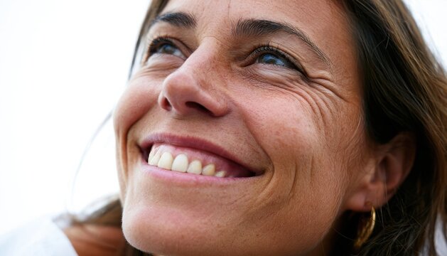 Woman smiling and looking up with joyful expression