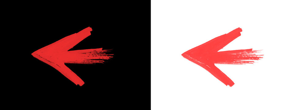 Red thick hand-drawn left pointing brush stroke arrow on black and white background, isolated graphic element